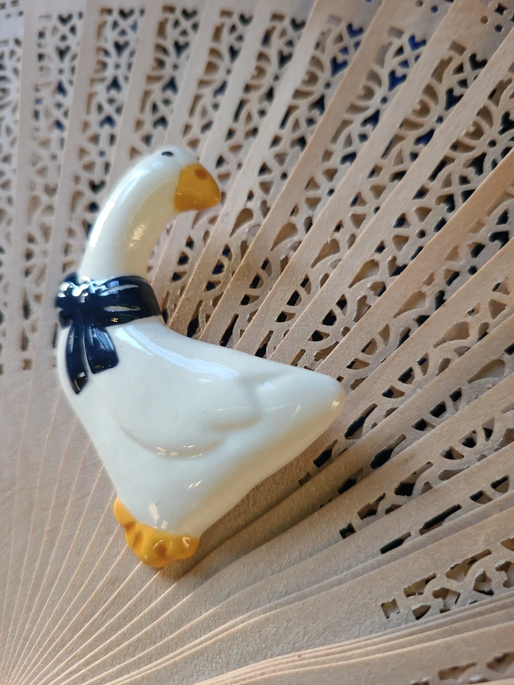 Vintage White Goose Brooch with Navy Bow and Yellow Beak